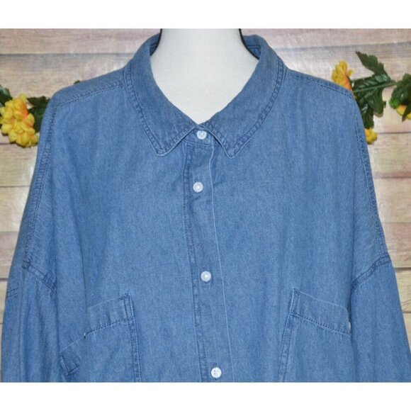 ELLOS Denim Tunic Top Oversized 3X 30/32 Button Front Shirt Side Slits Comfy - Picture 3 of 10